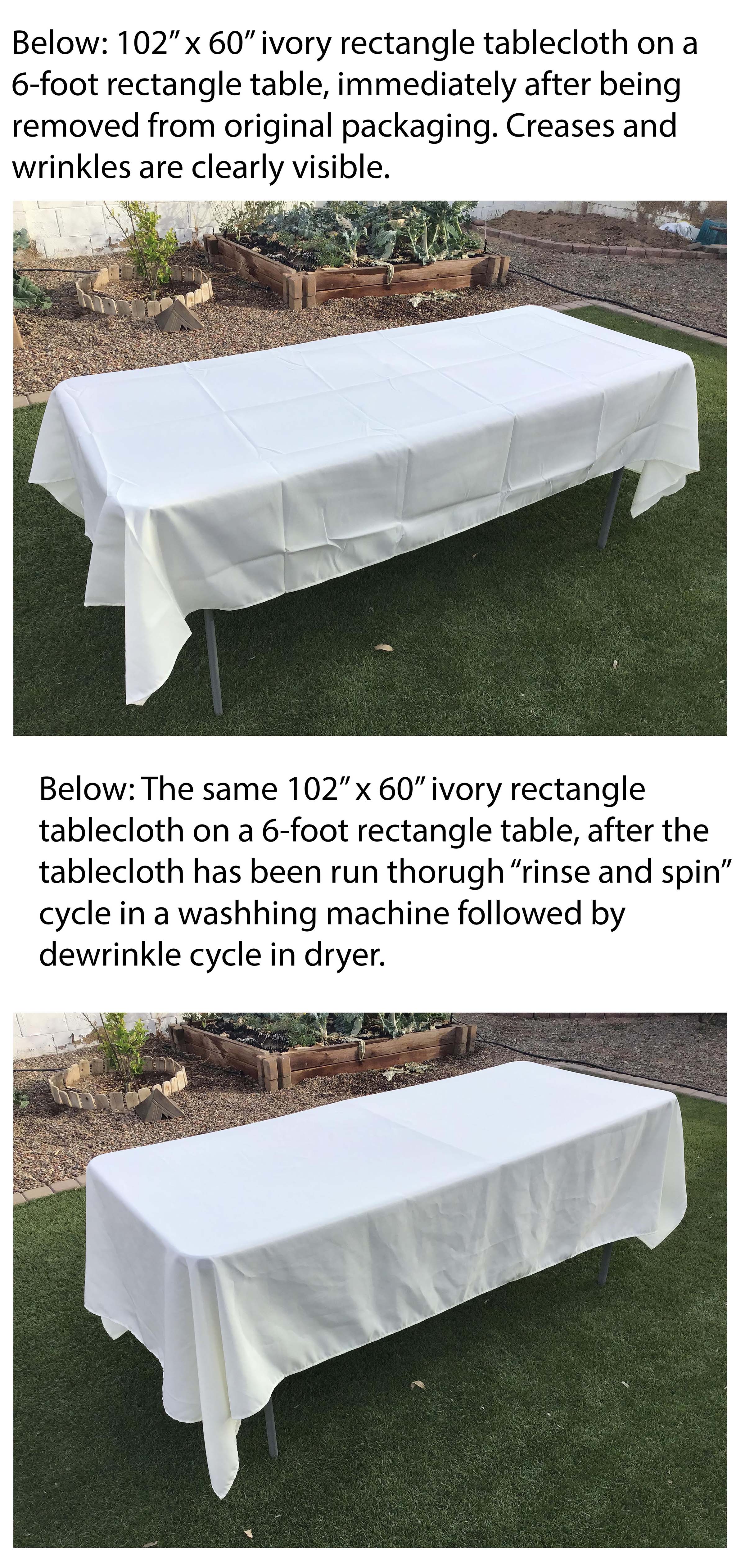 tablecloth comparison: wrinkled when pulled from original packaging versus smoother after being laundered