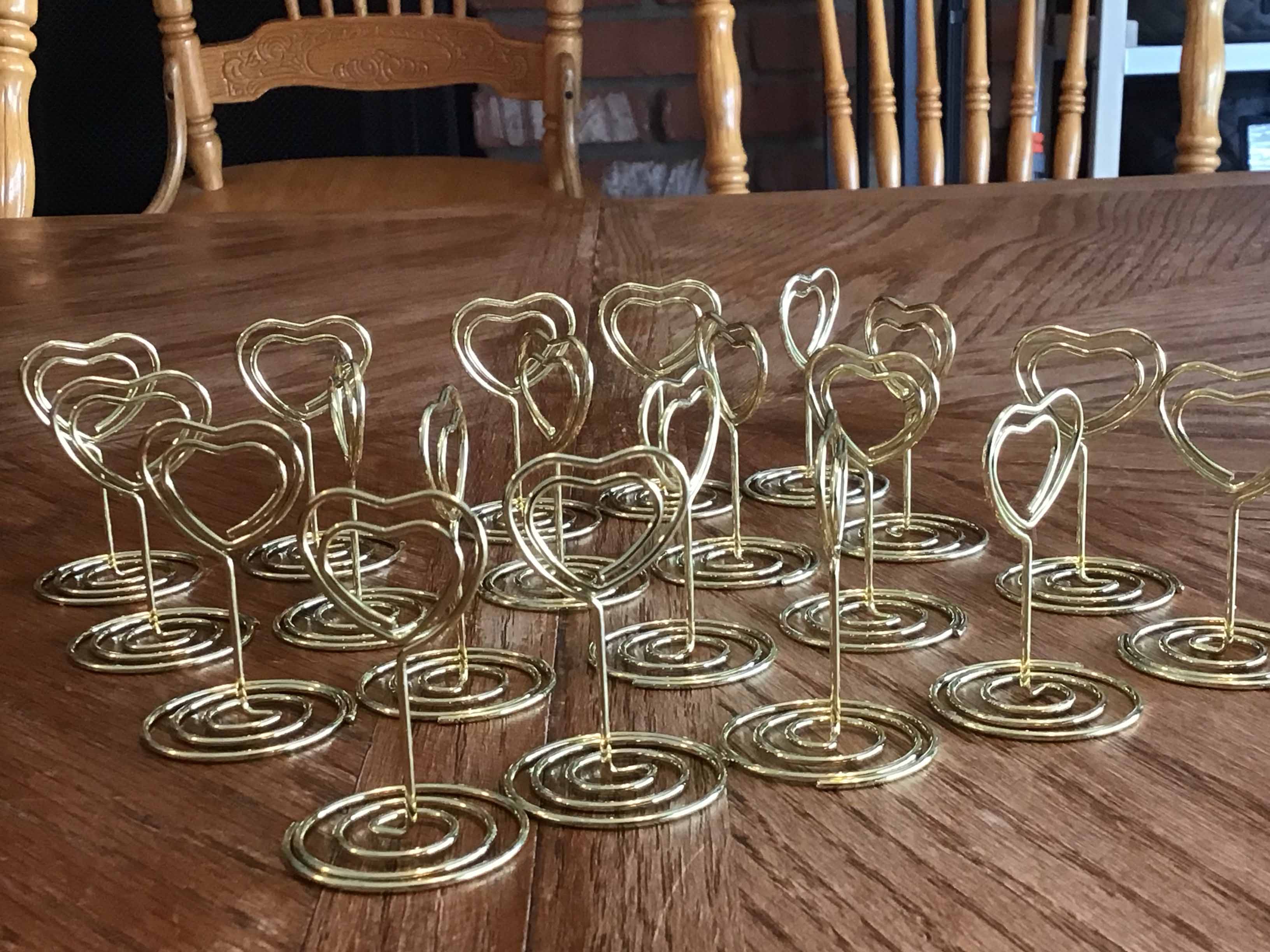 table top card/sign holders (heart-shaped, gold metal)
