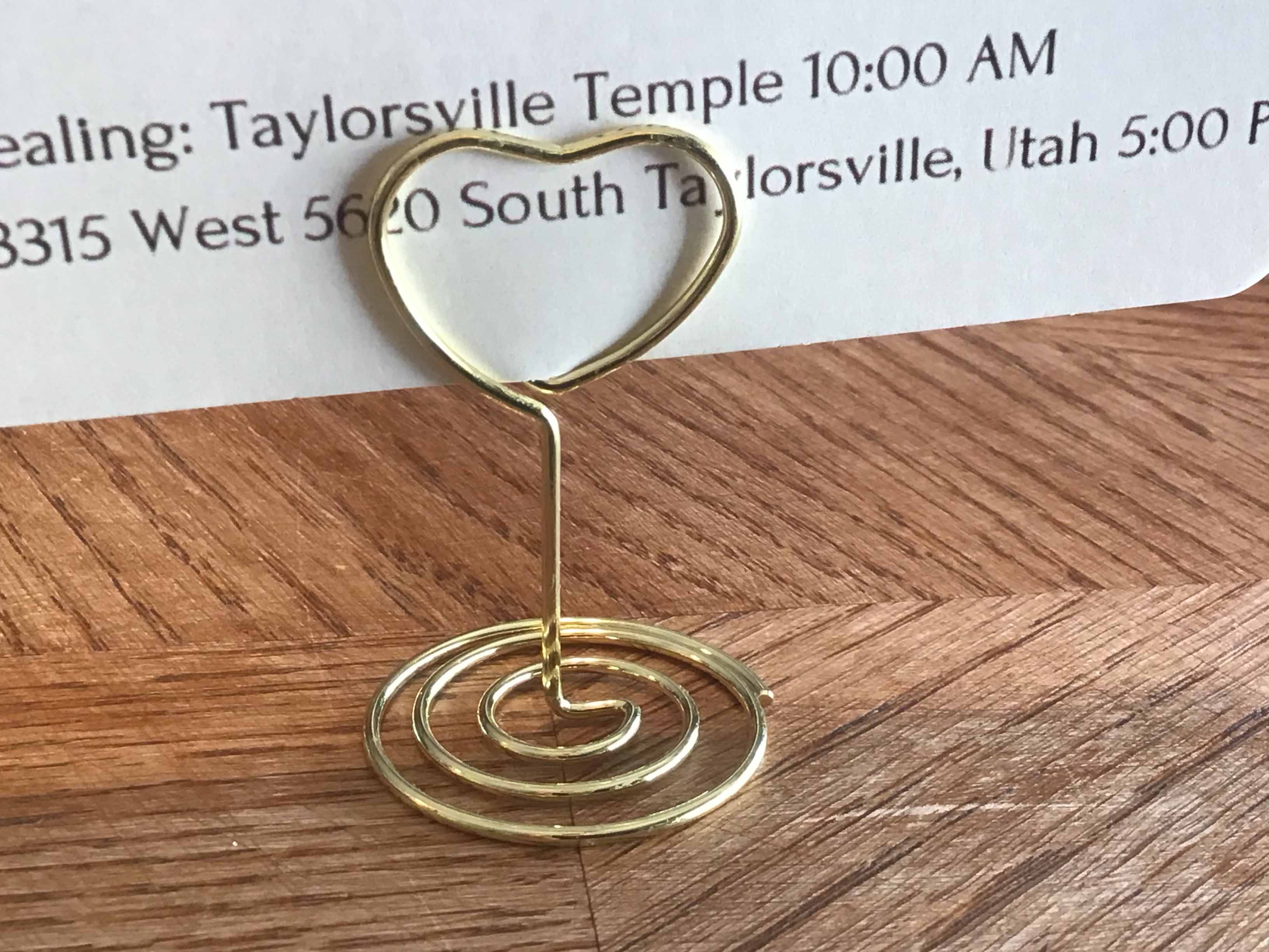 table top card/sign holders (heart-shaped, gold metal)