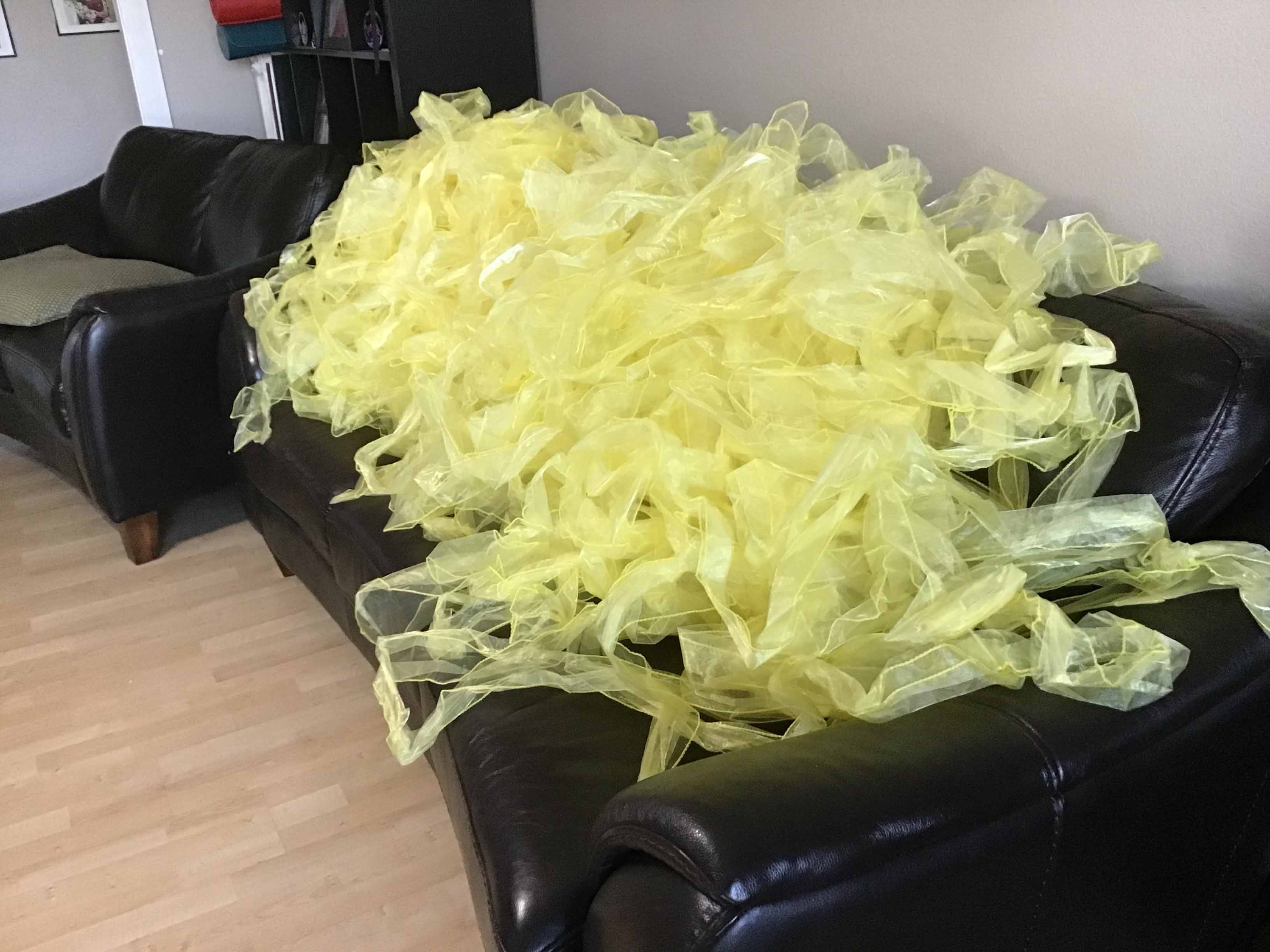 tote with 99 yellow organza chair sashes - 6 x 102