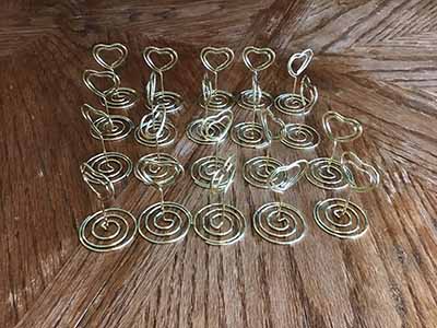 table top card/sign holders (heart-shaped, gold metal)